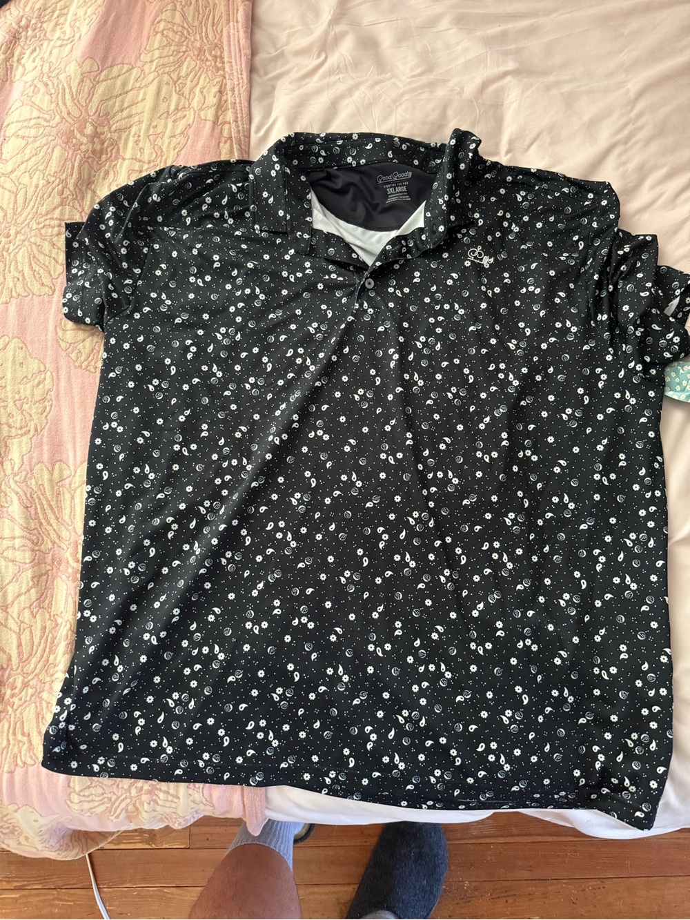 Men's Black Short-Sleeve Polo with White Micro Paisley Print